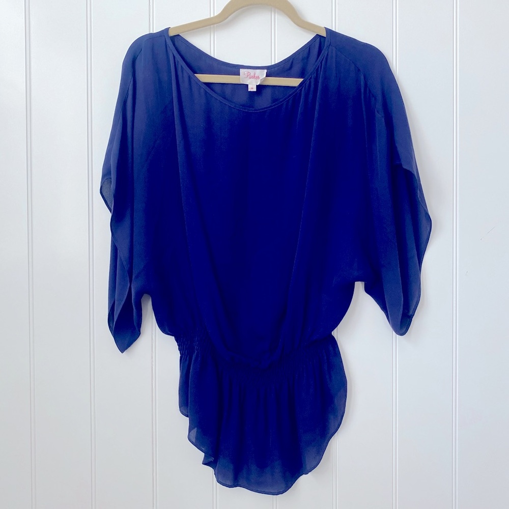 Parker Silk Smocked Peplum Flutter Sleeve, Size M